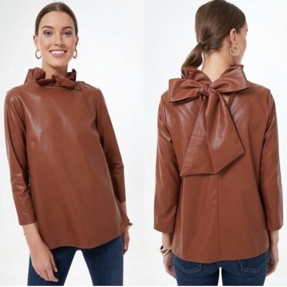 Tuckernuck Faux Leather Blouse with Bow in Cognac
